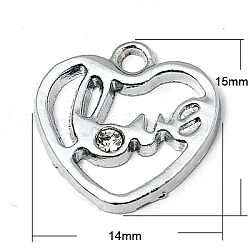 Zinc Alloy Pendants, with Rhinestone Beads, Grade A, Heart with Love, for Valentine's Day, Platinum, 15x14x1mm, Hole: 2mm