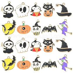 40 piezas 10 estilos halloween aleación esmalte pandants, la luz de oro, fantasma y bruja y calabaza con gato, naranja, 14.5~30x14~24x1.5mm, agujero: 1.6~1.8 mm, 4 piezas / style
