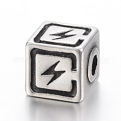 304 Stainless Steel Beads, Cube with Lightning Bolt, Antique Silver, 9x8x8mm, Hole: 3mm