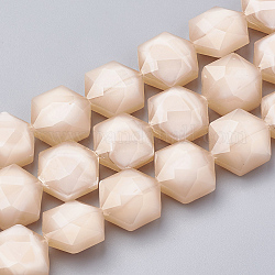 Opaque Solid Color Glass Beads Strands, Faceted, Hexagon, PeachPuff, 15x14x8mm, Hole: 1mm, about 24pcs/strand, 14.17 inch(36cm)