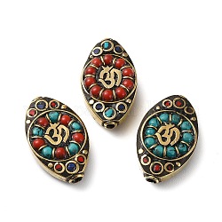 Handmade tibetischen Stil Perlen, mit Messingbeschlägen und synthetischem Türkis, Antik Golden, Pferdeauge mit Ohm/Aum-Muster, Mischfarbe, 29x18x8 mm, Bohrung: 2 mm