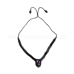 Natural Amethyst Oval Pendant Necklace, Braided Wax Strings Choker Necklaces, 25.83 inch(65.6cm)