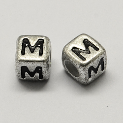 Antique Silver Plated Large Hole Acrylic Letter European Beads, Horizontal Hole, Cube with Letter.M, 6x6x6mm, Hole: 4mm, about 2950pcs/500g
