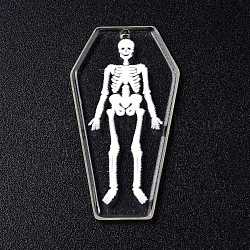Pendentifs acryliques imprimés, pour halloween, cercueil avec breloque squelette, clair, 45x24x3mm, Trou: 1.8mm