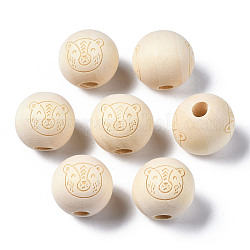 Perles européennes en bois naturel non fini, Perles avec un grand trou   , motif gravé au laser, rond avec ours, vieille dentelle, 15~16x14~15mm, Trou: 4mm