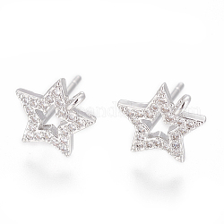 Brass Stud Earring Findings, with Cubic Zirconia and Loop, Star, Clear, Platinum, 10.5x10mm, Hole: 1.2mm, Pin: 0.8mm