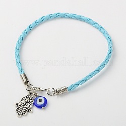 PU Leather Cord Braided Bracelet Making, with Handmade Lampwork Eye Beads, Tibetan Style Hamsa Hand/Hand of Fatima/Hand of Miriam Pendants and Alloy Lobster Clasps, Pale Turquoise, 185x3mm
