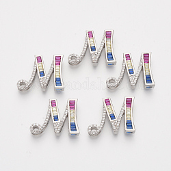 Breloques de glissière zircone cubique en laiton, Platine plaqué réel, colorées, lettre, letter.m, 18.5x24x5mm, trou: 1x1 mm et 1x9.5 mm