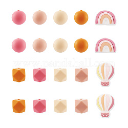 Beadthoven 50pcs 10 perles de silicone écologiques de qualité alimentaire, perles à mâcher pour les jouets de dentition, Diy soins infirmiers colliers faisant, rond et octogone et ballon à air chaud et en forme d'arc-en-ciel, couleur mixte, 14~28x14~25x9~14mm, Trou: 2~3mm, 5 pièces / style