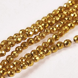 Electroplate Non-magnetic Synthetic Hematite Beads Strands, Faceted, Round, Grade AAAA, Golden Plated, 2mm, Hole: 0.5mm, about 200pcs/strand, 16 inch