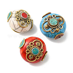 Tibetische Stil Perlen, mit synthetischen Türkis, synthetische Koralle und Messing Zubehör, Mischfarbe, 21~24x21~24x17~20 mm, Bohrung: 2 mm