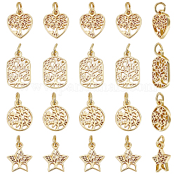 Beebeecraft 24Pcs 4 Style Rack Plating Brass Charms, with Jump Ring, Lead Free & Cadmium Free, Hollow, Heart/Flat Round/Star/Rectangle with Tree of Life Charm, Real 18K Gold Plated, 12~13x10~10.5x1.5mm, Hole: 3mm, 6pcs/style
