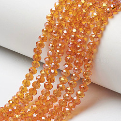 Placcare trasparente perle di vetro fili, mezzo arcobaleno placcato, sfaccettato, rondelle, arancione, 4x3mm, Foro: 0.4 mm, circa 123~127pcs/filo, 16.5~16.9 pollice (42~43 cm)