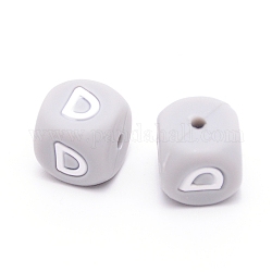 Perlas de silicona, cubo con letter.d, gris, 12x12x12mm, agujero: 2 mm