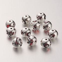 K9 Glass Beads, Covered with Brass, Round with Heart Pattern, 925 Sterling Silver Plated, Red, 10.2x9.2mm, Hole: 1.5mm