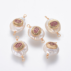 Connecteurs de liens de perles naturelles, avec accessoires zircon cubique micro pave en laiton, pépites avec mauvais œil, or, rose foncé, 22~25x12~14x6~8mm, Trou: 1.6mm