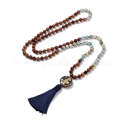 108 collier de perles de prière mala, Collier pendentif rond plat guan yin rainuré avec pompon, collier fleur naturelle ronde amazonite & perles de bois, bleu de Prusse, 40.94 pouce (104 cm)