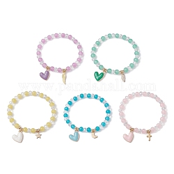 Verre rond perles bracelets extensibles, avec aile en alliage et 304 breloque coeur en acier inoxydable, couleur mixte, diamètre intérieur: 2-1/8 pouce (5.4 cm)