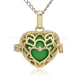 Golden Tone Brass Hollow Heart Cage Pendants, with No Hole Spray Painted Brass Round Beads, Lime Green, 24x26x18mm, Hole: 3x8mm
