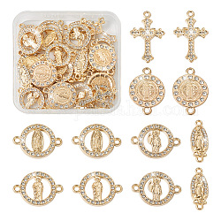 Kits de fornituras para hacer joyas de religión diy, incluyendo colgantes de aleación y dijes de conector, con rhinestone de cristal, cruz con corazón y plano redondo con virgen casarse y divinidad, la luz de oro, 18~29x10~24.5x2~2.5mm, agujero: 1.6~2.4 mm, 36 unidades / caja
