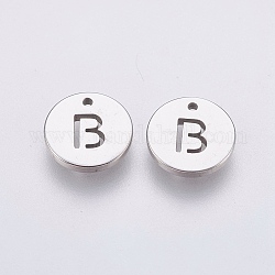 304 charms in acciaio inox, piatta e rotonda con la lettera, colore acciaio inossidabile, letter.b, 10x1mm, Foro: 1 mm