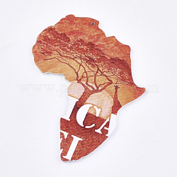 Pendentifs en bois peint au pistolet, imprimé, Carte de l'Afrique, colorées, 76x63.5x2.5mm, Trou: 1.5mm
