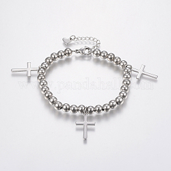 Trendy 304 Stainless Steel Charm Bracelets, with Lobster Claw Clasps, Cross, Stainless Steel Color, 7-1/8 inch(180mm), 6mm