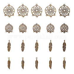 Fabrication de bijoux bricolage élite pandahall, avec des composants de lustre en alliage et des pendentifs, plat rond et plume, bronze antique, 8.2x8.2x2.7 cm, 120 pièces / kit