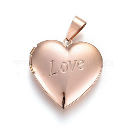 304 Stainless Steel Locket Pendants, Photo Frame Charms for Necklaces, Heart with Word Love, For Valentine's Day, Rose Gold, 29x29x6.5mm, 20x21mm Inner Diameter, Hole: 5x9.5mm