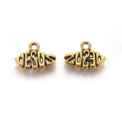 Tibetan Style Alloy Name Jesus Pendants for Easter, Lead Free & Cadmium Free, Antique Golden, 11x15x2mm, Hole: 2mm