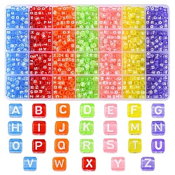 1190pcs 7 couleurs perles acryliques transparentes, cube avec des lettres mélangées aléatoires blanches, couleur mixte, 6x6x6mm, Trou: 3.5mm, 170 pcs / couleur