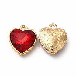 Pendenti in vetro sfaccettato con strass, con risultati in lega di zinco color oro, charms cuore, rosso, 16.5x14x6.5mm, Foro: 1.6 mm