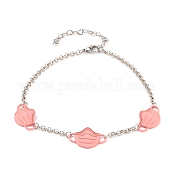 (Jewelry Parties Factory Sale), Face Mask Shape Alloy Link Anklets, with Brass Rolo Chains, 304 Stainless Steel Heart Link Chains and Lobster Claw Clasps, Pink, 10 inch(25.3cm)