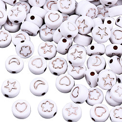 White Opaque Acrylic Beads, Metal Enlaced, Flat Round with Star & Flower & Moon & Heart, Rose Gold Plated, 7x4mm, Hole: 1.5mm, about 1440pcs/200g