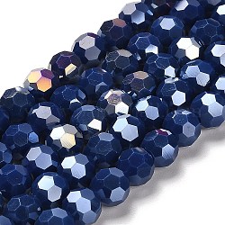 Soportes de cuentas de vidrio opaco, color de ab, facetas (32 facetas), redondo, azul medianoche, 8x7~7.5mm, agujero: 1.5 mm, aproximamente 66 pcs / cadena, 18.82~19.06 pulgada (47.8~48.4 cm)