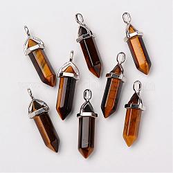 Natural Tiger Eye Double Terminated Pointed Pendants, with Random Alloy Pendant Hexagon Bead Cap Bails, Bullet, Platinum, 37~40x12mm, Hole: 3mm