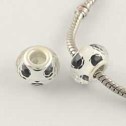 Large Hole Polka Dot Pattern Acrylic European Beads, with Silver Tone Brass Double Cores, Faceted Rondelle, White, 14x9mm, Hole: 5mm
