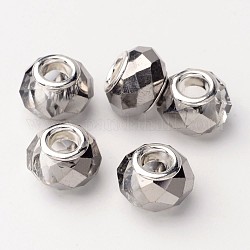 Glass European Beads, with Brass Double Cores, Faceted, Plated AB Color, Gray, 14x9mm, Hole: 5mm