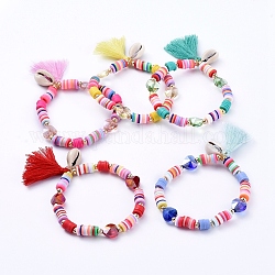 Bracelets extensibles avec breloque, avec des perles heishi en pâte polymère, glands de fil de coton, perles en cauris, perles en verre coeur et perles rondes en laiton, couleur mixte, 2-1/8 pouce (5.4 cm)