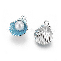 Pendentifs d'émail en alliage, avec perles de nacre acrylique, coquille, platine, bleu profond du ciel, 15x11.5x7mm, Trou: 1.4mm
