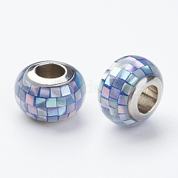 Perles européennes de résine en 304 acier inoxydable, Avec coquille et émail, rondelle, Perles avec un grand trou   , bleuet, 12x8mm, Trou: 5mm