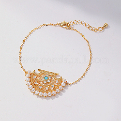 Braccialetti a maglie in ottone con micro pavé di zirconi cubici da donna, con perle imitazione, vero placcato oro 18k, 6-1/2 pollice (16.5 cm)