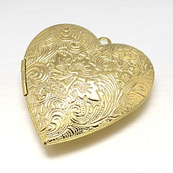 Tallados colgantes medallón corazón estante latonado fotos, sin plomo, dorado, 42x40x10mm, agujero: 2 mm, interior: 31x30 mm