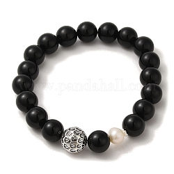 Bracelets extensibles ronds en perles naturelles, obsidienne et laiton, diamètre intérieur: 2-1/4 pouce (5.85 cm)