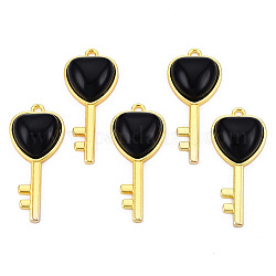 Natürlichen schwarzen Obsidian Anhänger, mit Licht aus vergoldetem Messing Zubehör, Schlüssel mit Herzanhänger, 38x17x6.5~7 mm, Bohrung: 1.8 mm