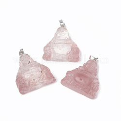 Pendentifs en verre cerise de quartz, avec accessoire de ton de platine en laiton, Bouddha, 30.5x27x8~11mm, Trou: 5x2mm
