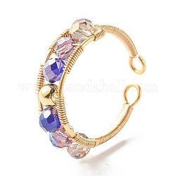 Electroplate Faceted Glass Beads Cuff Ring for Teen Girl Women, Copper Wire Wrap Open Ring, Golden, Indigo, US Size 7 1/4~8 1/2(17.5~18.5mm)