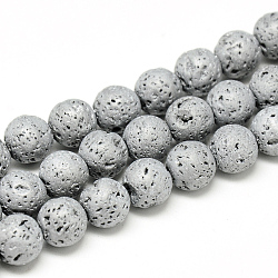 Placcare fili di perle di roccia lavica naturale, stile matte, tondo, platino placcato, 6~7mm, Foro: 1 mm, circa 60pcs/filo, 14.7~15.1 pollice