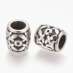 304 Stainless Steel Beads, Large Hole Beads, Column with Flower, Antique Silver, 11x10mm, Hole: 6mm
