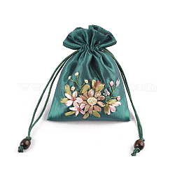 Schmuckverpackungsbeutel aus Satin mit Blumenmuster, Geschenkbeutel mit Kordelzug, Rechteck, blaugrün, 14x10.5 cm